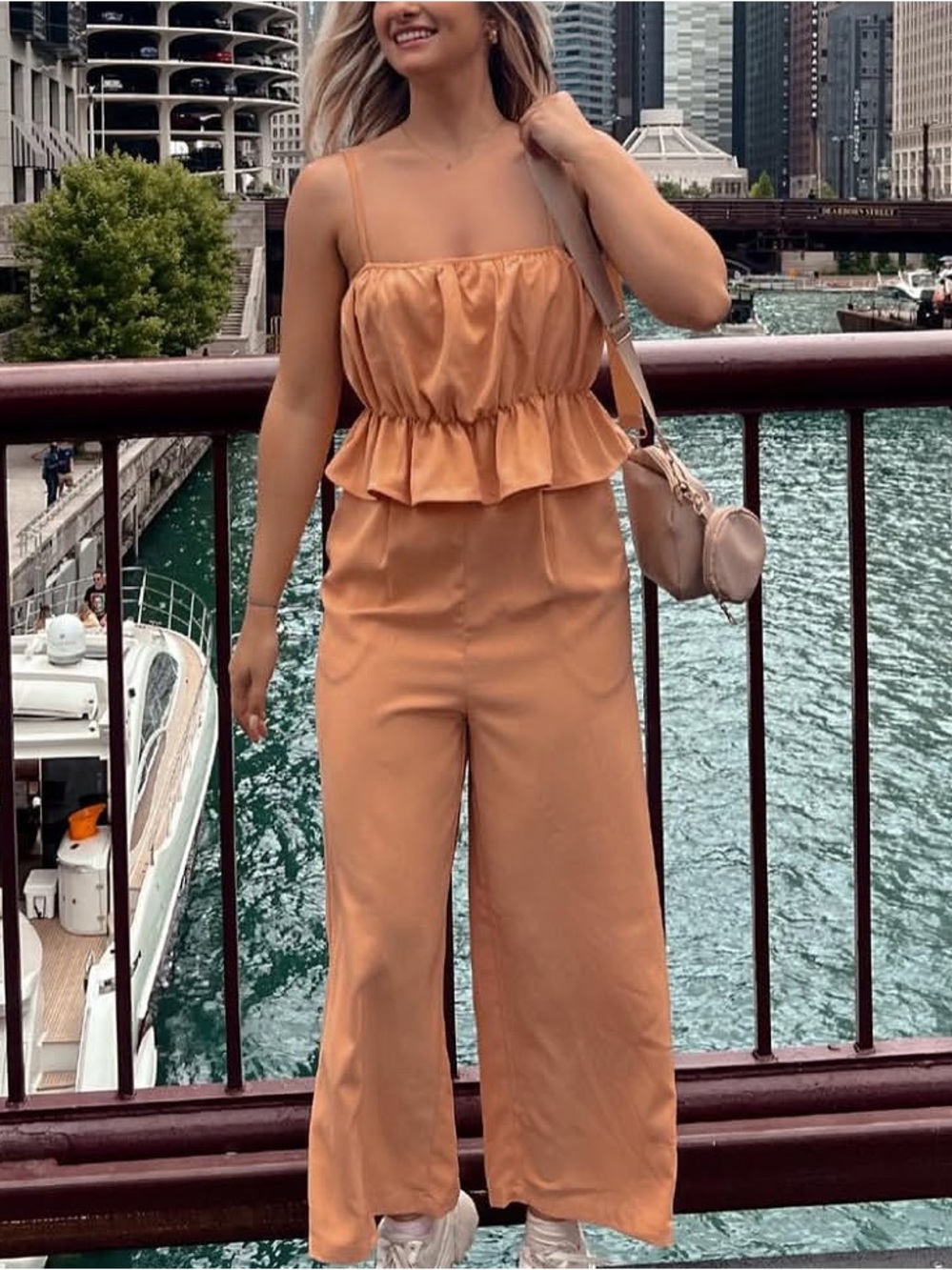 Pastel Peach Jumpsuit with Ruffle Waist and Pockets 🧡✨🌸
